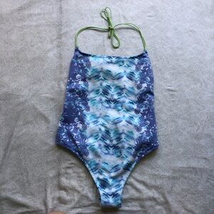 Tropical floral pineapple print one-piece swimsuit with palm tree charm straps